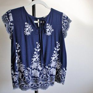MINE Navy Blue White Embroidered Flowy Top